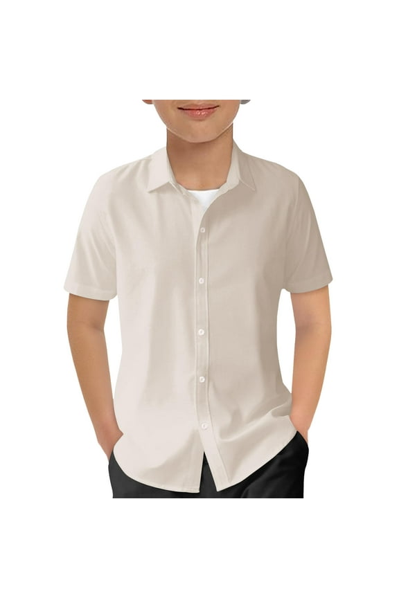 Boys Short Sleeve Dress Shirts Kids Summer School Uniform Button Down Shirt 5-14 Years (Beige, 9-10 Years)