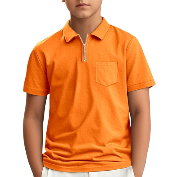 Gyexs Boys Short Sleeve Polo Shirts Size 11-12 PiqueKnit Zipper Front Shirts for School & Outdoor Playwear T Shirt Breathable Uniformed Tops with Pockets Orange