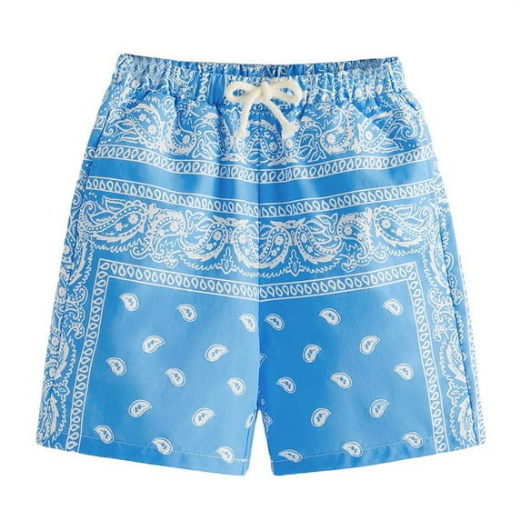 Gyexs Boys Shorts Size 13-14 Summer Boho Paisley Print Shorts Casual Kids Drawstring High Waisted Graphic Shorts with Pocket (#23 Blue, 13-14 Years)