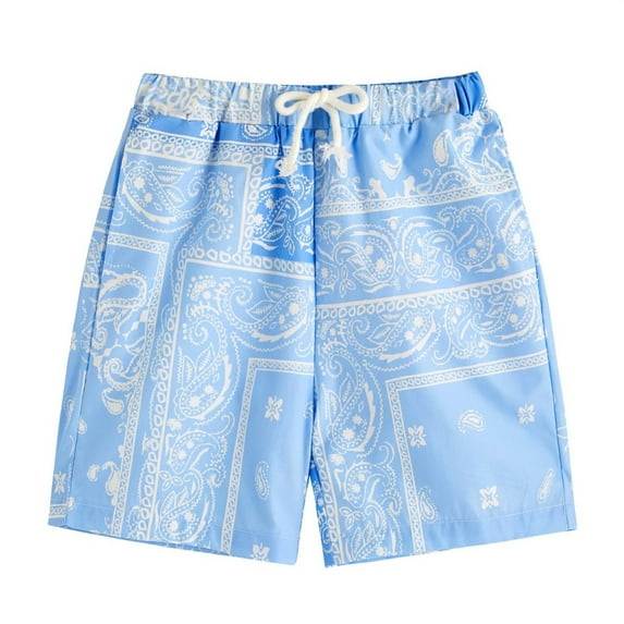 Gyexs Boys Shorts Size 7-8 Summer Boho Paisley Print Shorts Casual Kids Drawstring High Waisted Graphic Shorts with Pocket (#19 Blue, 7-8 Years)