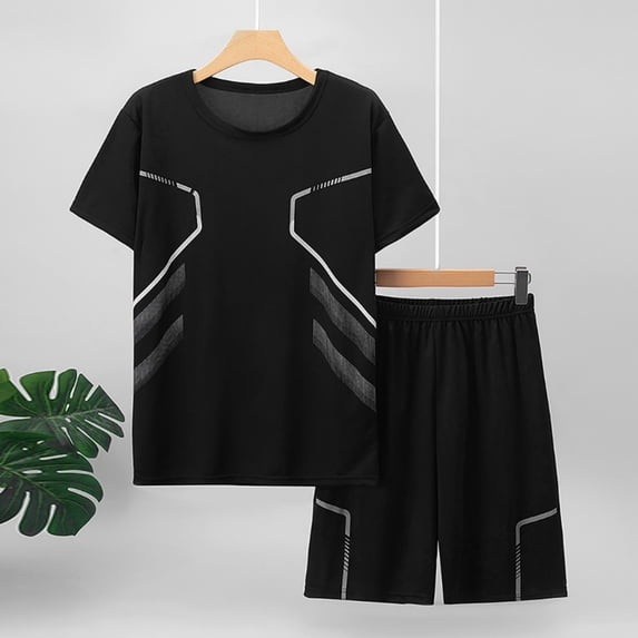 Gyexs Boys Sport Tracksuit Set for Ages 12-16 Breathable Quick Drying Athletic Shirt & Shorts with Stripes for Running, Basketball Black, 13-14 Years