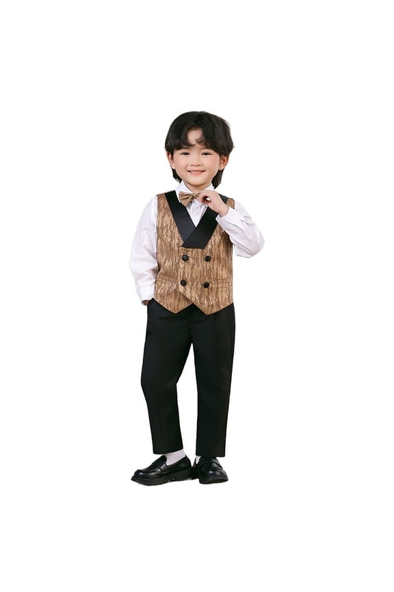 Boys Suit Sets 9-10 Years Brown Slim Fit Suit Vest Pants Bowtie Suspenders 4 Piece Formal Outfits Kids Dress Suits