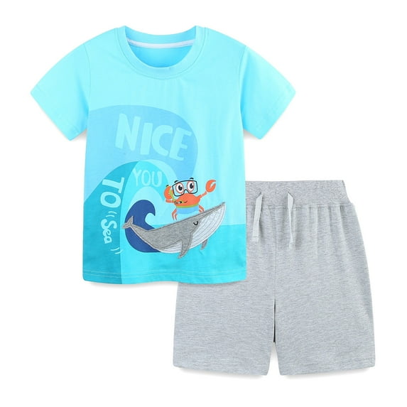 Gyexs Boys Summer Clothes Size 6-8 Cute Cartoon Print Short Sleeve Sports Athletic Short Sets T Shirt Shorts 2 Piece Outfits(Sportswear, Sky Blue, 6-7 Years)