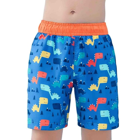 Gyexs Boys Swim Trunks Size 5-6 Cartoon Dinosaur Print Swim Shorts Bathing Suit Elastic Waistband Casual Summer Beach Vacation Shorts Dark Blue