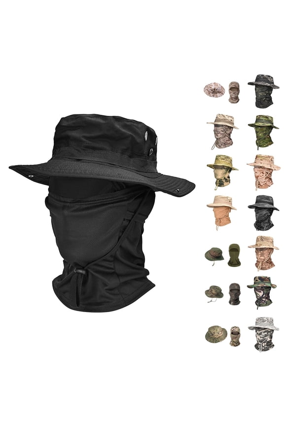 Camo Boonie Sun Hats with Balaclava - Mens Face Mask UV Protection Bucket Hat for Fishing Hiking, Light Green, One Size