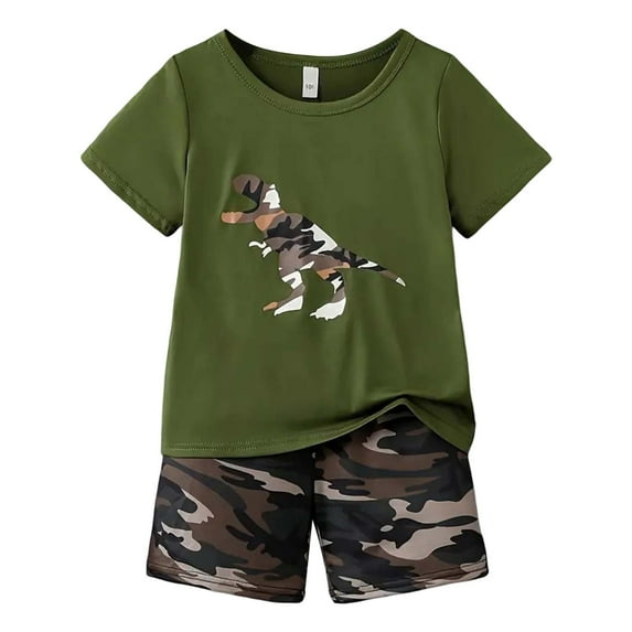 Gyexs Kids Summer Clothes Boys Girls Size 6-8 Fashion Cute Dinosaur Print Short Sleeve T Shirt Shorts 2 Piece Outfit Set(Sportswear, Dark Green, 11-12 Years)
