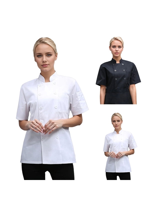 Chef Coat Jacket for Women Casual Cover Up Button Down Tops Short Sleeve Work Wear (Black, Size L)