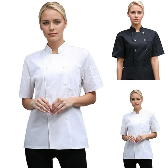 Gyexs Chef Coat Jacket for Women Casual Cover Up Button Down Tops Short Sleeve Work Wear (White, Size XXXL)