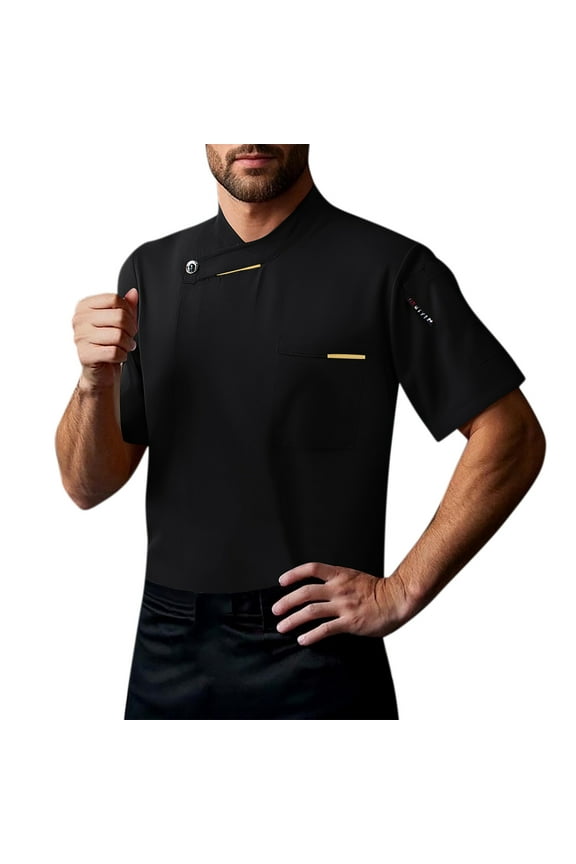 Chef Coat Men Uniform Short Sleeve Shirts Chef Cook Jacket Restaurant Kitchen Work Clothes Black, Size L