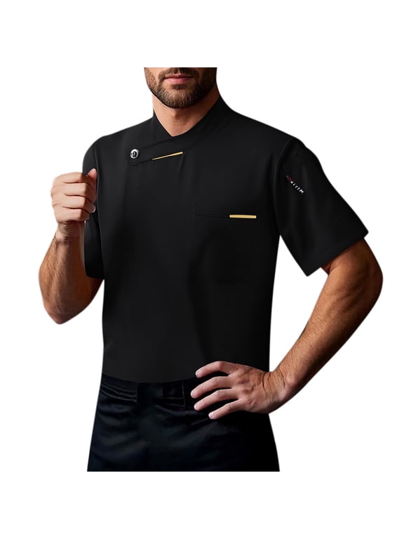 Chef Coat Men Uniform Short Sleeve Shirts Chef Cook Jacket Restaurant Kitchen Work Clothes Black, Size XL