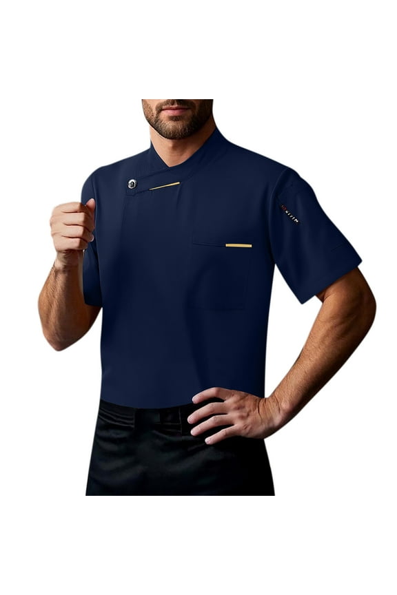 Chef Coat Men Uniform Short Sleeve Shirts Chef Cook Jacket Restaurant Kitchen Work Clothes Blue, Size M