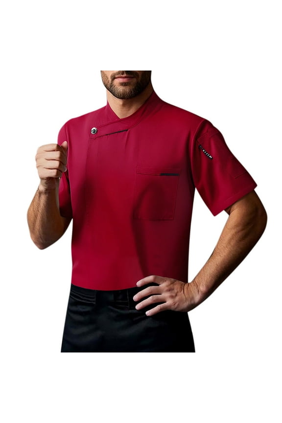 Chef Coat Men Uniform Short Sleeve Shirts Chef Cook Jacket Restaurant Kitchen Work Clothes Red, Size M