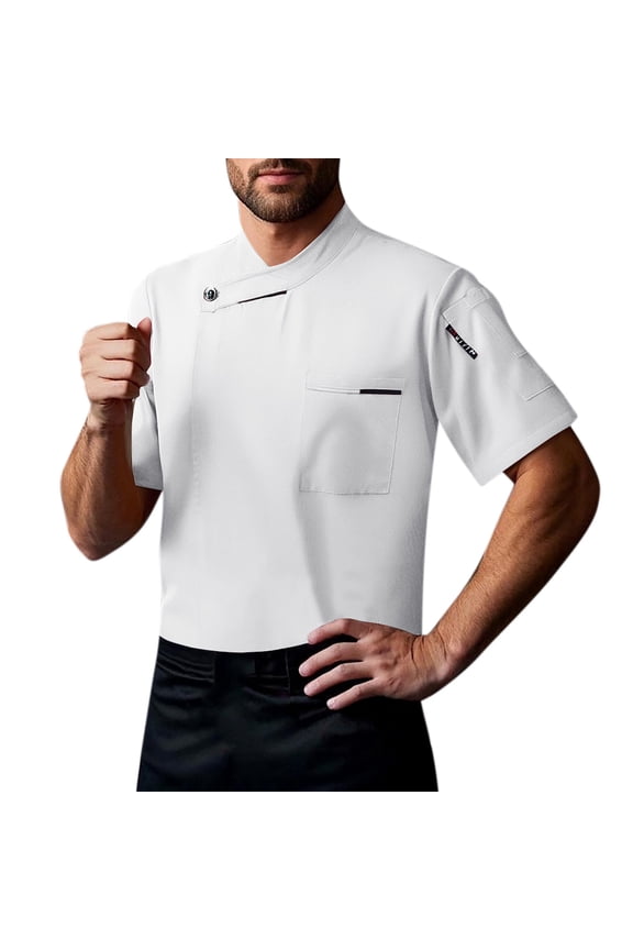 Chef Coat Men Uniform Short Sleeve Shirts Chef Cook Jacket Restaurant Kitchen Work Clothes White, Size XL