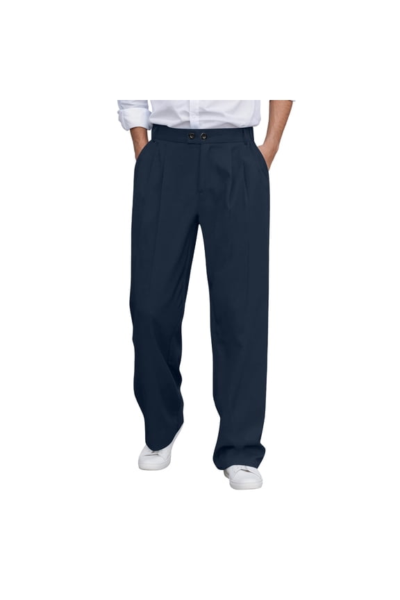 Chino Pants for Men Slim Fit Expandable Waist Suit Pleated Front Slacks Loose Fit Lightweight Summer Beach Trousers with Pockets Navy, Szie M