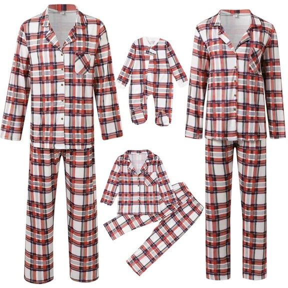 Gyexs Christmas Pjs for Family, Plaid Button Down Shirts Pants 2PC Pajama Sets, Family Matching Pjs (Adult, Red, XXL)