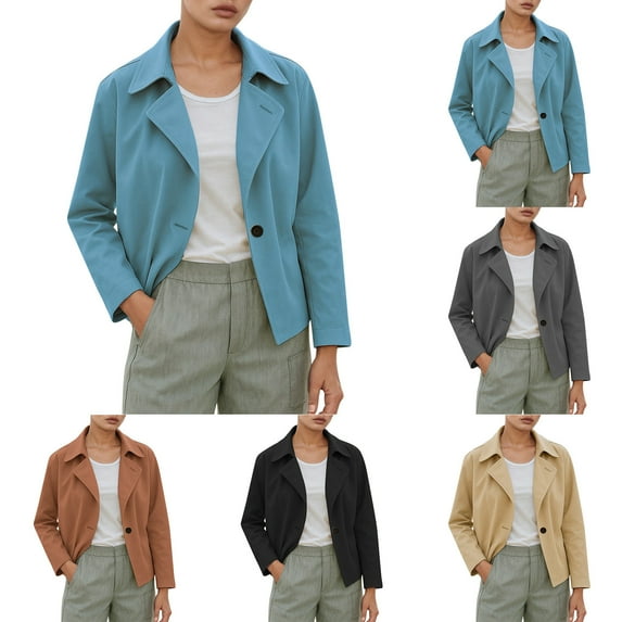 Gyexs Cropped Blazers for Women Business Casual Formal One Long Sleeve Suit Jacket Fall Work Outerwear Coat, Light Blue, Size XL