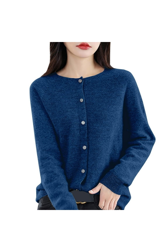 Cropped Cardigan Sweater for Women Boatneck Button Front Sweater Ladies Soft Warm Knitted Cardigan Sweaters Z01 Dark Blue & Size M
