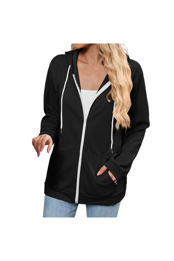 Cropped Zip Up Hoodie Women Casual Long Sleeve Cropped Jackets Workout Drawstring Hooded Track Jacket, Black Size S