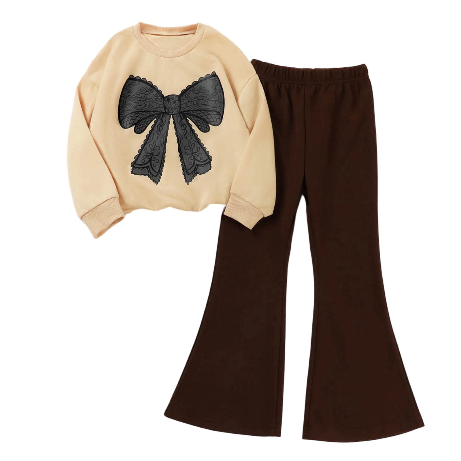 Cute Girls Outfits Toddler Baby Clothes Bowknot Printed Long Sleeve Shirts Flare Pants 2 Piece Sets 1-4 Years (Beige, 3-4 Years)
