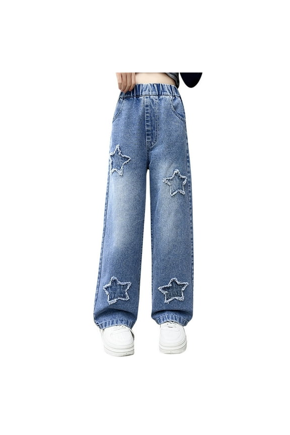 Cute Jeans for Teen Girls Baggy Stretchy Wide Leg Streetwear Casual Straight Streetwear Heart Embroidered Denim Pants Teen Girl Clothes Blue 11-12 Years