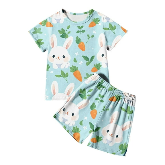 Gyexs Easter Outfits for Boys Size 7/8 Cute Bunny Printed Casual Loose Short Sleeve Shirt and Short Pants 2 PC Sets Light Blue 4-5 Years