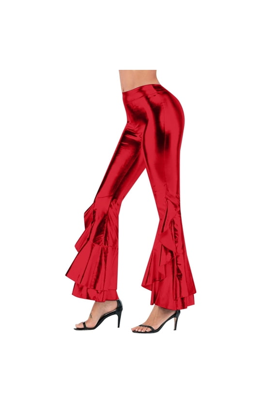 Elegant Casual Womens Wide Leg Bootcut Trousers with High Gloss Leather Finish and Asymmetric Hemfor Stage Performances and Everyday Wear, Red Size XL