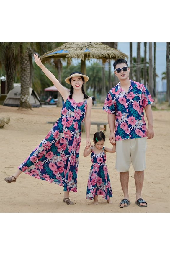Family Matching Hawaiian Outfits Dad and Son Beach Vacation Shirts Mommy Daughter Dress Clothes in Day Dream (#03 Pink, XL)