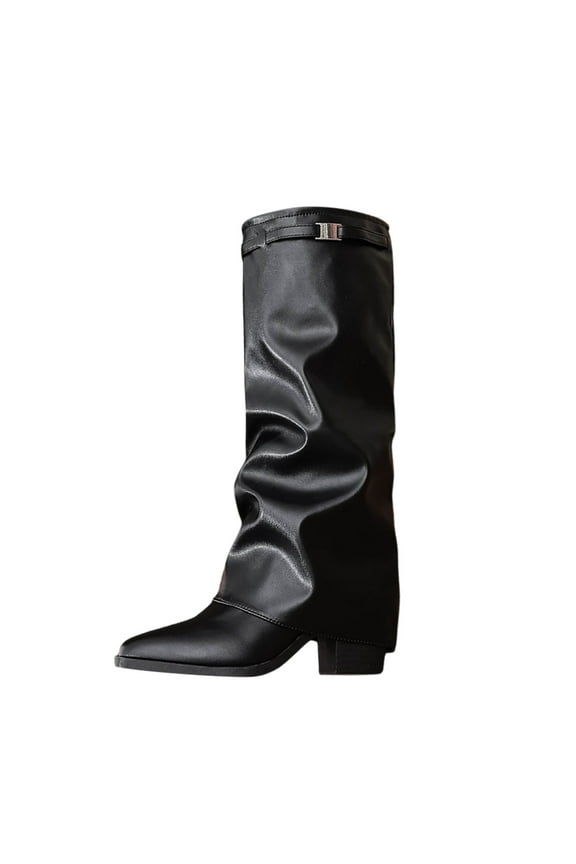 Fold Over Boots for Women Knee High Wide Calf Chunky Heel Long Boots Pointed Toe Dress Tall Slouchy Boots Black Size 9