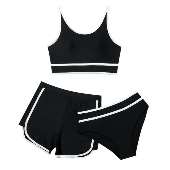 Gyexs Girl Swimsuits Size 8-9 Bathing Suit 3 Piece Solid Color Bikini Set for Teens Beachwear Tops Shorts Skirt Fashion Summer Swimming Wear G01 Black 8-9 Years