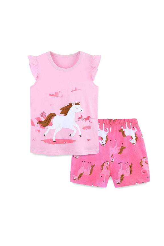 Girls Pink Tank Top Set Size 6-8 Cute Cartoon Printed Sleeveless Tops Shorts 2 Piece Summer Outfits Pink 6-7 Years