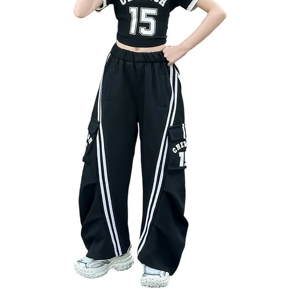 Gyexs Girls School Uniform Pants Y2k Streetwear Low Rise Hip Hop Loose Pants Lightweight Loose Boho Casual Trousers Z18 Black2, 10-11 Years