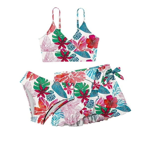 Gyexs Girls Swimsuits Size 12-13 Bathing Suit 3 Piece Floral Bikini Tops Shorts Skirt Swimming Suit Hawaiian Beachwear Summer Swimwear (Tweens, Z07-Flower)