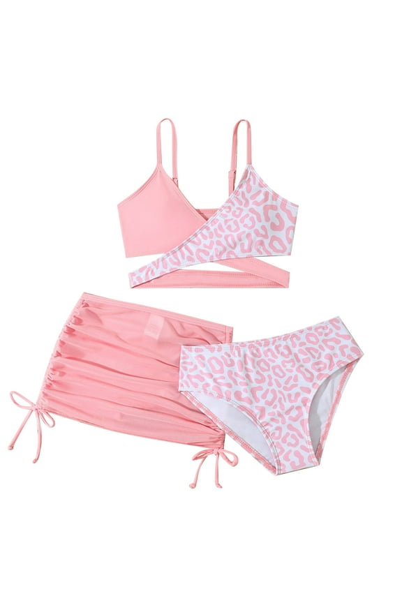 Girls Swimsuits Size 7-8 Bathing Suit 3 Piece Fashion Leopard Print Bikini Tops Shorts Skirt Swimming Suit Hawaiian Beach Swimwear (Kids, Z04-Pink)