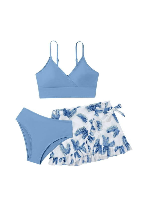Girls Swimsuits Size 8-9 Bathing Suit 3 Piece Floral Bikini Tops Shorts Skirt Swimming Suit Beachwear Summer Party Clothes Swimwear (Kids, Z01-Light Blue)