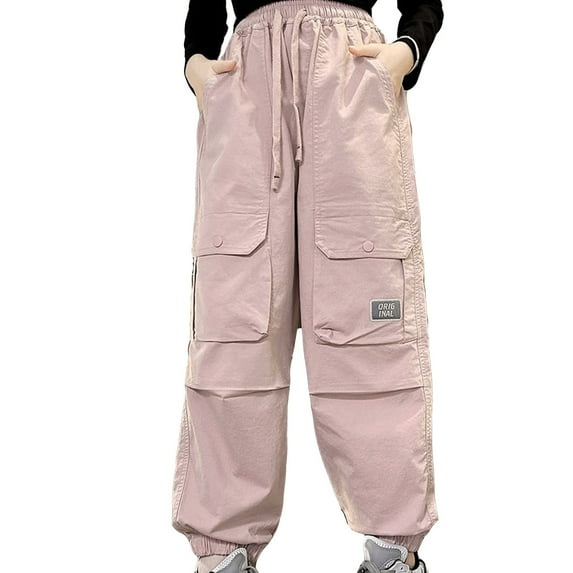 Gyexs Girls Wide Leg Jeans Hop Drawstring Pants Waterproof Outdoor Cargo Pants Jogger Drawstring Cargo Jogger Pants Kids Clothes Z04 Pink 11-12 Years