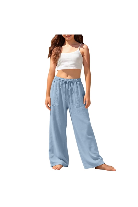 Girls Wide Leg Pants High Waisted Straight Wide Leg Boyfriend Jeans Drawstring Pull on Casual School Travel Z08 Blue, 6-7 Years