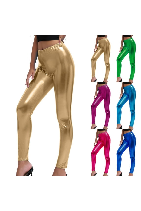 Gold Leggings for Women Shiny Tights High Waist Stretchable Workout Yoga Pants Leather Leggings (Gold, Size L)