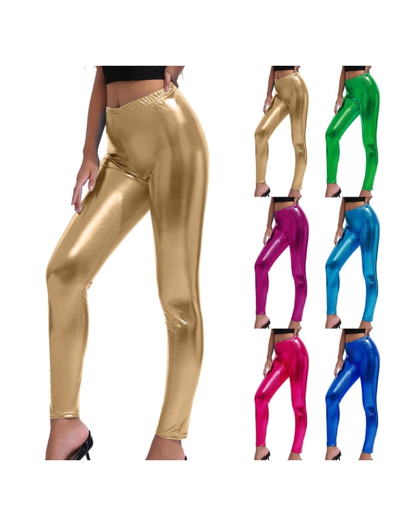 Gold Leggings for Women Shiny Tights High Waist Stretchable Workout Yoga Pants Leather Leggings (Gold, Size XL)