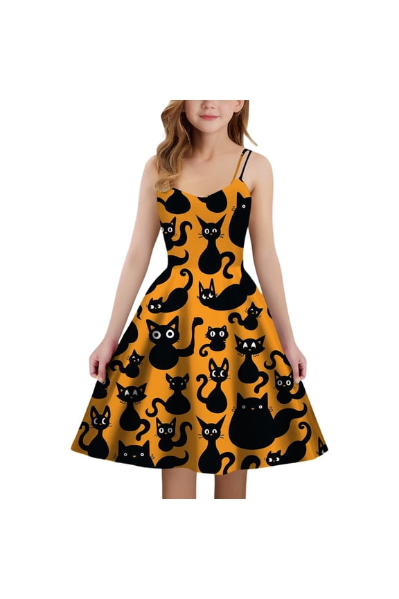 Halloween Dresses for Girls Size 7 Fashion Cute Colorable Prints Spaghetti Straps Dress Fall Winter Outfit Clothes 5-14Y (Party Wear, Z11 Orange, Size 13-14)