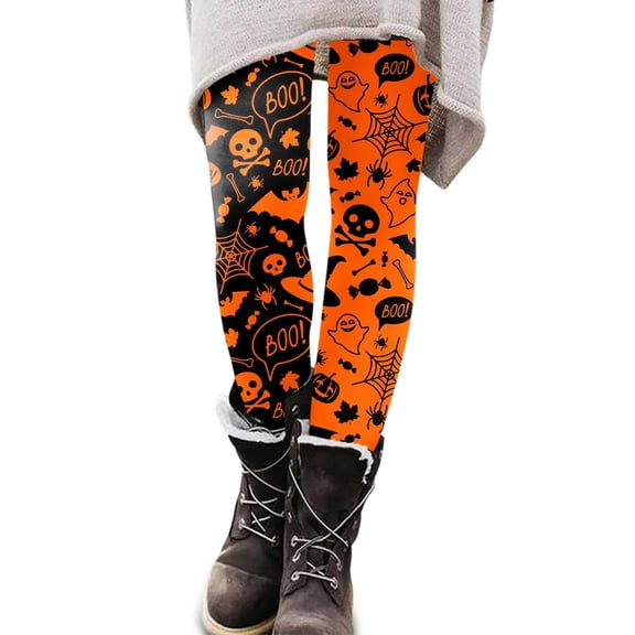 Gyexs Halloween Legging for Plus Women Funny Graphic High Waist Leggings Pumpkin Ghost Printed Gym Yoga Pants Halloween Tights #03 Orange Size L