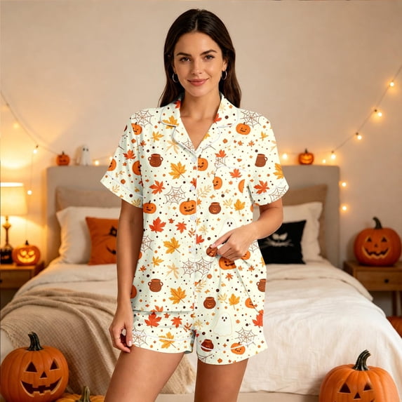 Gyexs Halloween Pajamas for Women 2 Piece Short Sleeve Button Down Shirts Shorts Loungewear Clothes