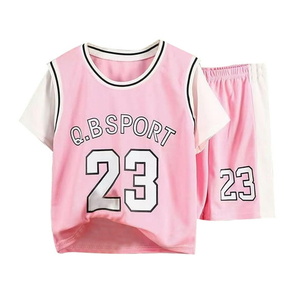 Gyexs Kids Short Sleeve Basketball Outfits for Boys Girls Letter Print Raglan Athletic T Shirt Gym Shorts Set Sports Clothing(Sportswear, Z05 Pink, 5-6 Years)