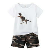 GYEXS Kids Summer Clothes Boys Girls Size 6-8 Fashion Cute Dinosaur Print Short Sleeve T Shirt Shorts 2 Piece Outfit Set(Sportswear, Army Green, 9-10 Years)