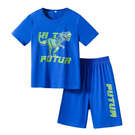 Gyexs Kids Summer Clothes Boys Girls Size 6-8 Fashion Cute Dinosaur Print Short Sleeve T Shirt Shorts 2 Piece Outfit Set(Sportswear, Blue, 6-7 Years)