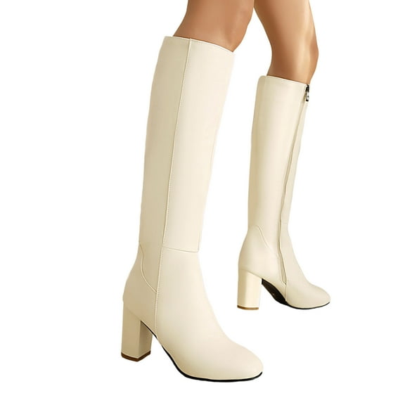 Gyexs Knee High Boots Women Pointed Toe Heel Fall Tall Boots Side Zipper Leather Long Boots for Women Beige & Size 5