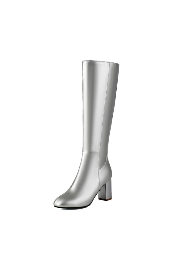 Knee High Boots Women Pointed Toe Heel Fall Tall Boots Side Zipper Leather Long Boots for Women Silver & Size 7.5