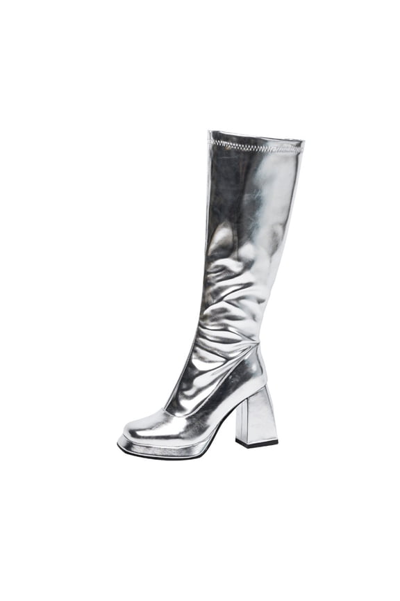Knee High Boots Women Wide Calf Square Heel Pointed Toe Long Tall Boots Side Zipper Comfortable Dress Shoes Party Footwear Silver & Size 5.5