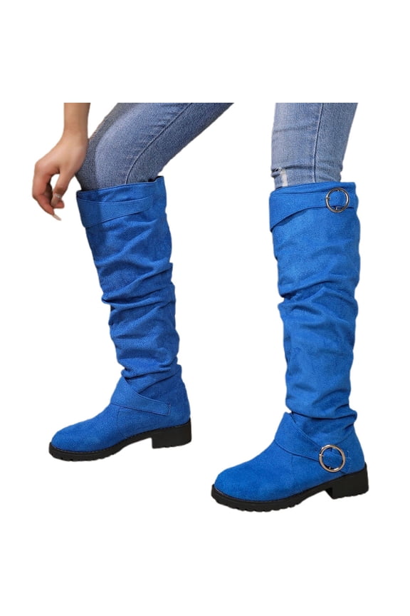 Knee High Boots Women Wide Calf Comfortable Platform Flat Tall Boot Stylish Round Toe Fall Winter Casual Boots Blue Size 6