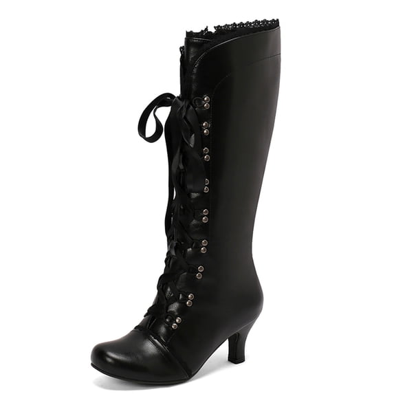 Gyexs Knee High Cowgirl Boots Women Mid Calf Heel High Heel Mid Boots Fall Winter Dress Shoes Z03 Black Size 9