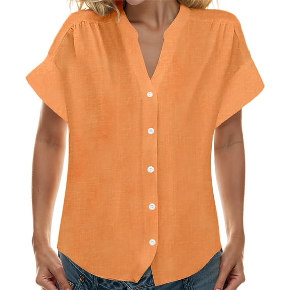 Gyexs Linen Shirt for Women 2025 Cotton Summer Tops Trendy Short Sleeve Casual Button V Neck Tunic Blouses Outfits X02-Orange XL